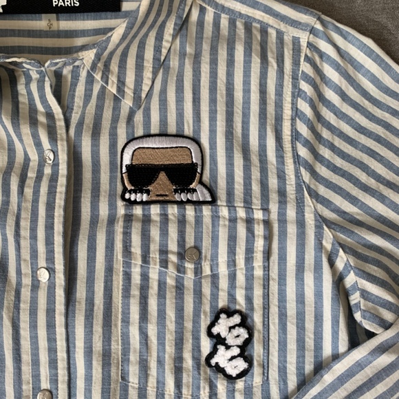 Karl Lagerfeld Women Blue White Strip Button Shirt Size S - Picture 3 of 5